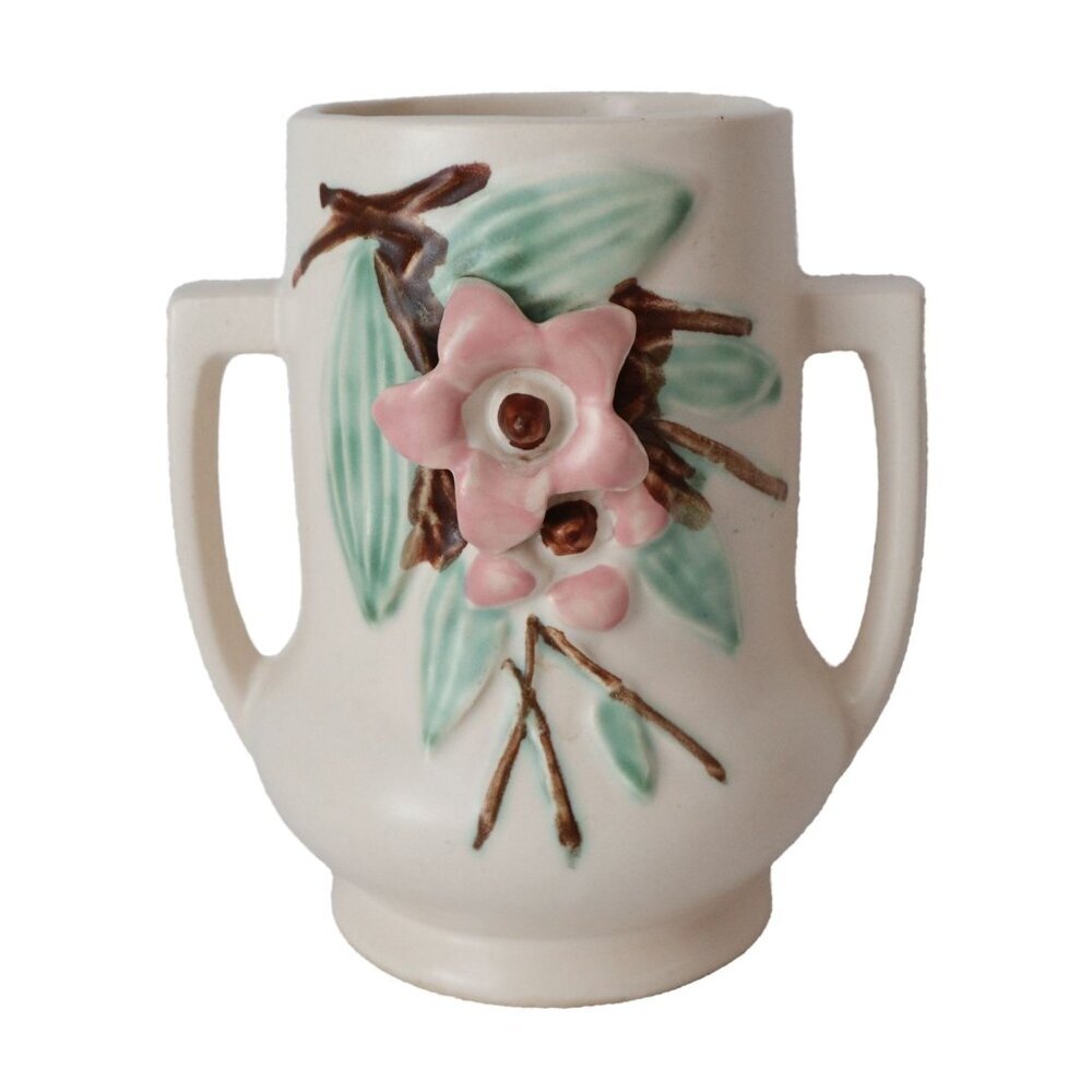 Vintage McCoy Art Pottery Blossom Time Double Handled Ceramic Vase 1940's.